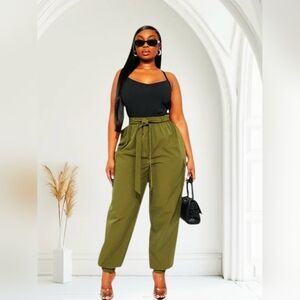 Fashion Nova Half Of Me Black & Olive Green Tie-Waist Trousers Size L NWT